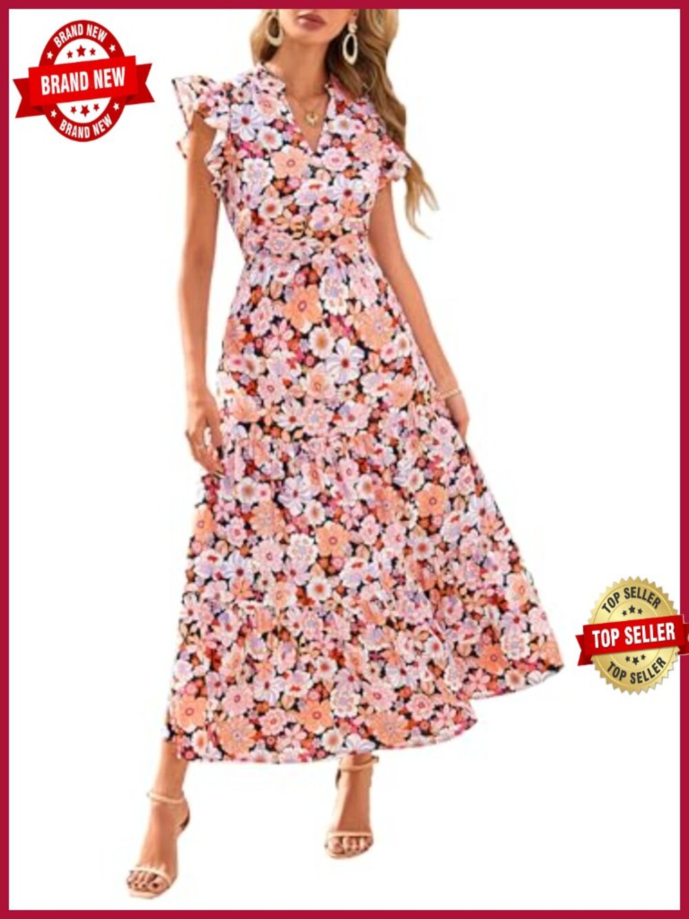 Boho Floral Flowy A-Line Ruffle Midi Dress with Pockets - Cap Sleeve Summer